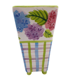 Floral Plaid Ceramic Vase Square Footed 8.25" Art Pottery Decor